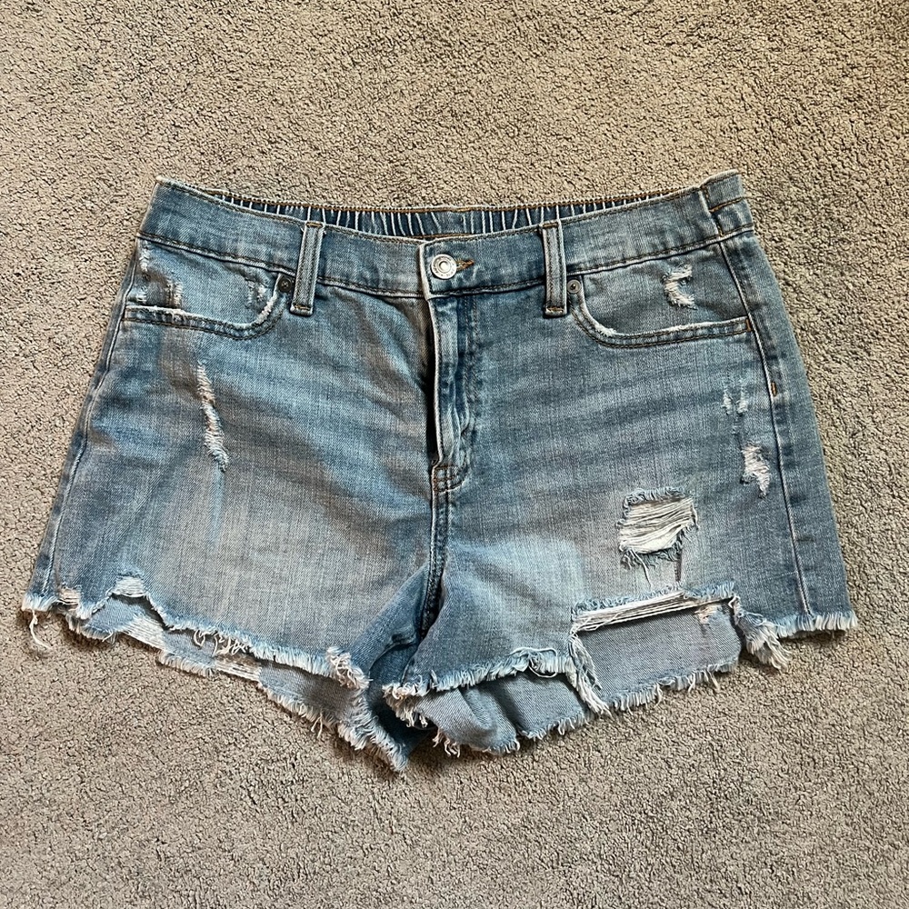 Aerie Blue Jean Shorts Distressed Frayed Hem